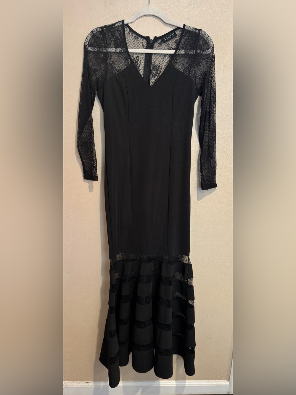 Haunting Mermaid Evening Gown Sheer Lace Long Sleeves Tiered Illusion Hem